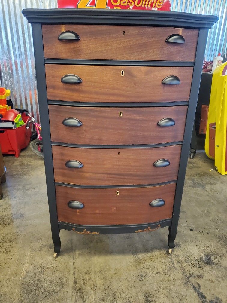 Beautiful Vintage Refinished Black And Wood Dresser With Wheels