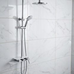 Clihome Shower panel Silver Dual Head Waterfall Shower Panel System with 2-way Diverter Valve 