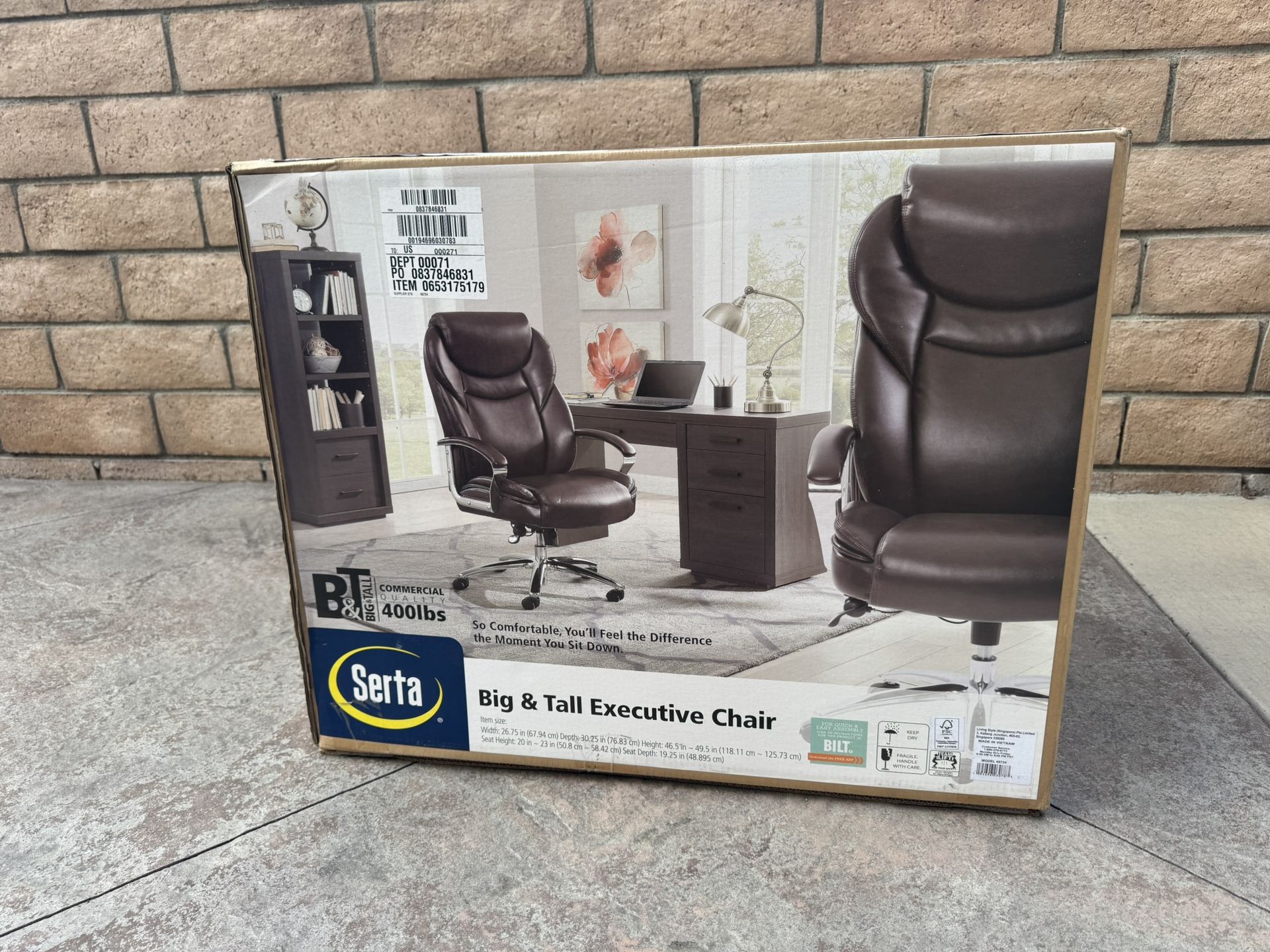 Serta Big & Tall High Back Office Chair, Heavy Duty Weight Rating, Brown Bonded Leather Upholstery