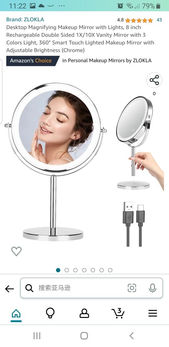 Desktop Magnifying Makeup Mirror with Lights, 8 inch Rechargeable Double Sided 1X/10X Vanity Mirror with 3 Colors Light, 360° Smart Touch Lighted Make