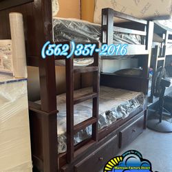 Brown Twin/ Twin Bunk Bed Solid Pine Wood Complete Set With Mattresses- Doble Cama Cafe Litera Con Colchones 