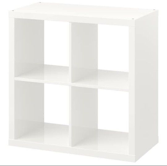 TWO IKEA KALLAX SHELVES W/RED DRONA INSERTS
