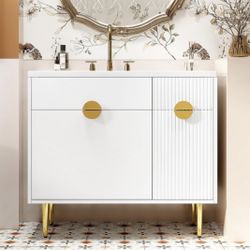 36 Inch Bathroom Vanity Cabinet with Sink Set Combo Freestanding Cabinet with Resin Basin Single Storage Door for Bathroom Gold Legs White