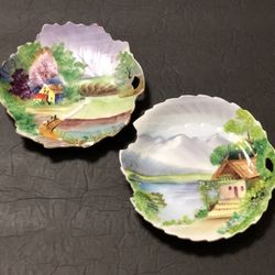 Two Vintage Handpainted Leaf-shaped Trinket dishes