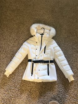 White Puffer Jacket with Fur Hood and Belt