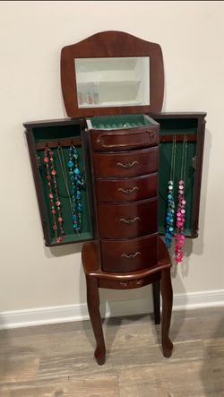 Vintage Wood Jewelry Box With Mirror & Side Doors