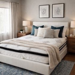 king size white faux leather platform bed frame with pillowtop mattress.