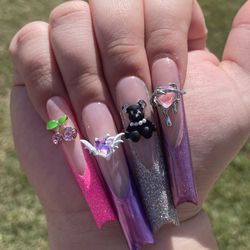 3XL square press on nails French tip pink purple chrome glitter nail charms