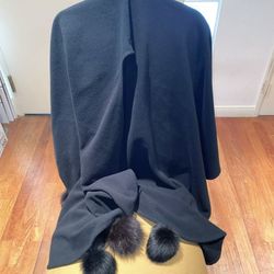 Wool And Cashmere Oversized Shawl Wrap Cape W/ Mink Pom Poms Ball