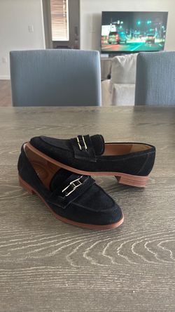 Franco Sarto Black Suede Loafers with Gold Buckle W:7