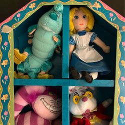 New in box Disney Alice in Wonderland plushie with the white rabbit, Cheshire Cat, Caterpillar and Alice