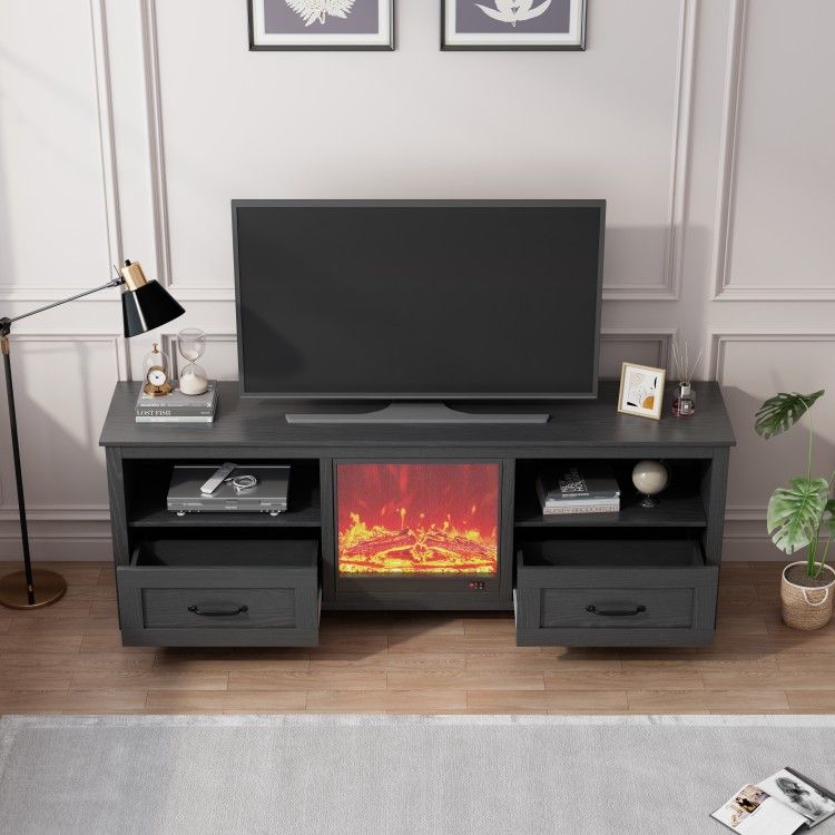 70.08 Inch Length Black TV Stand for Living Room and Bedroom, with 2 Drawers and 4 High-Capacity Storage Compartment,Suitable for fireplace