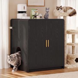 35" High Cat Litter Box Enclosure for Self Cleaning Litter Box, Large Hidden Litter Boxes Furniture with Casters, Modern Large Pet House w/Outlet, Cat