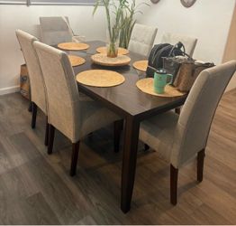 Dark Wood Dining Table with 6 Upholstered Chairs