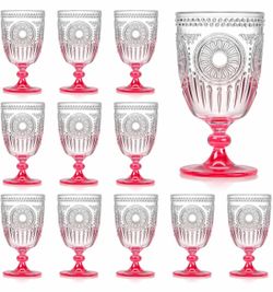 12Pcs Plastic Vintage Wine Glasses 13.5oz Reusable Embossed Goblet Glasses Pink Gradient Retro Wine Glassware Unbreakable Stemmed Champagne Water Cups