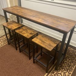 Wood Bar With Metal Frame And 3 Stools - New Condition