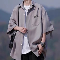 80Japanese-style short-sleeved shirt for men, 2025 new summer ice-silk jacket, loose half-sleeved shirt