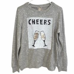 Tru Self Womens M Cheers Flip Sequin Champagne Glass Sweatshirt Gray New Years