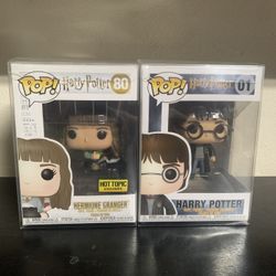 Hermione Granger And Harry Potter Funko Pops With Protective Cases