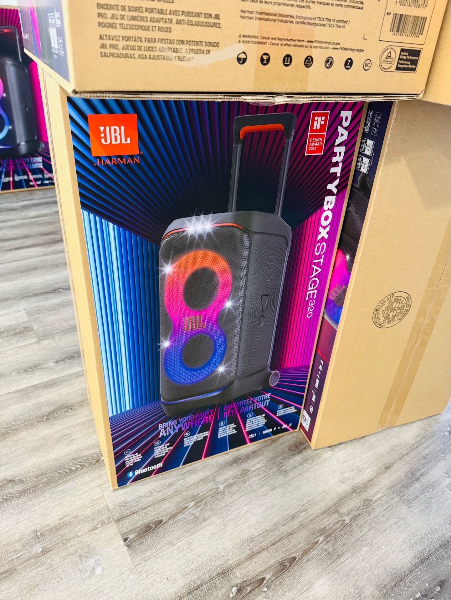 Awesome JBL PartyBox Stage 320 speaker. This portable party speaker has powerful JBL Pro Sound and an adaptive lightshow. It is splashproof, has a tel