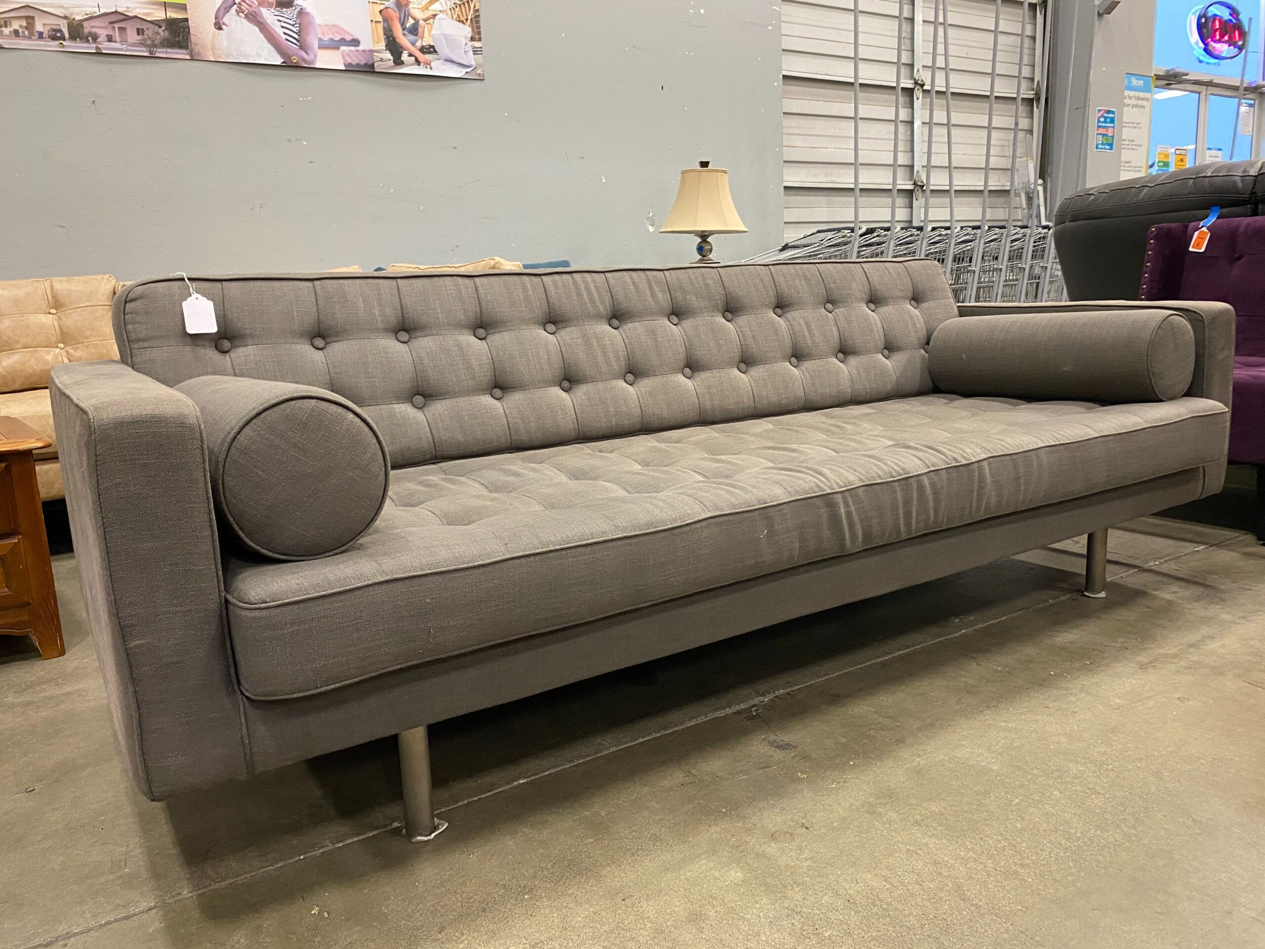 ABC Grey Tufted Sofa with Accent Pillows