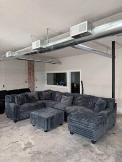 Charcoal Grey Corduroy Sectional Sofa with Ottoman
