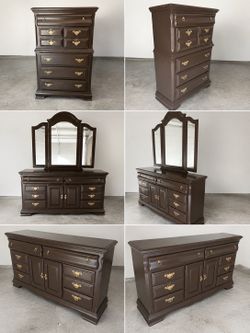Solid Wood Bedroom Set – Dresser, Mirror & Chest – Vintage Dark Brown