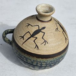 Vintage Pottery Round Vase Vessel With Petroglyph Art Inspired Motif Signed By TIF
