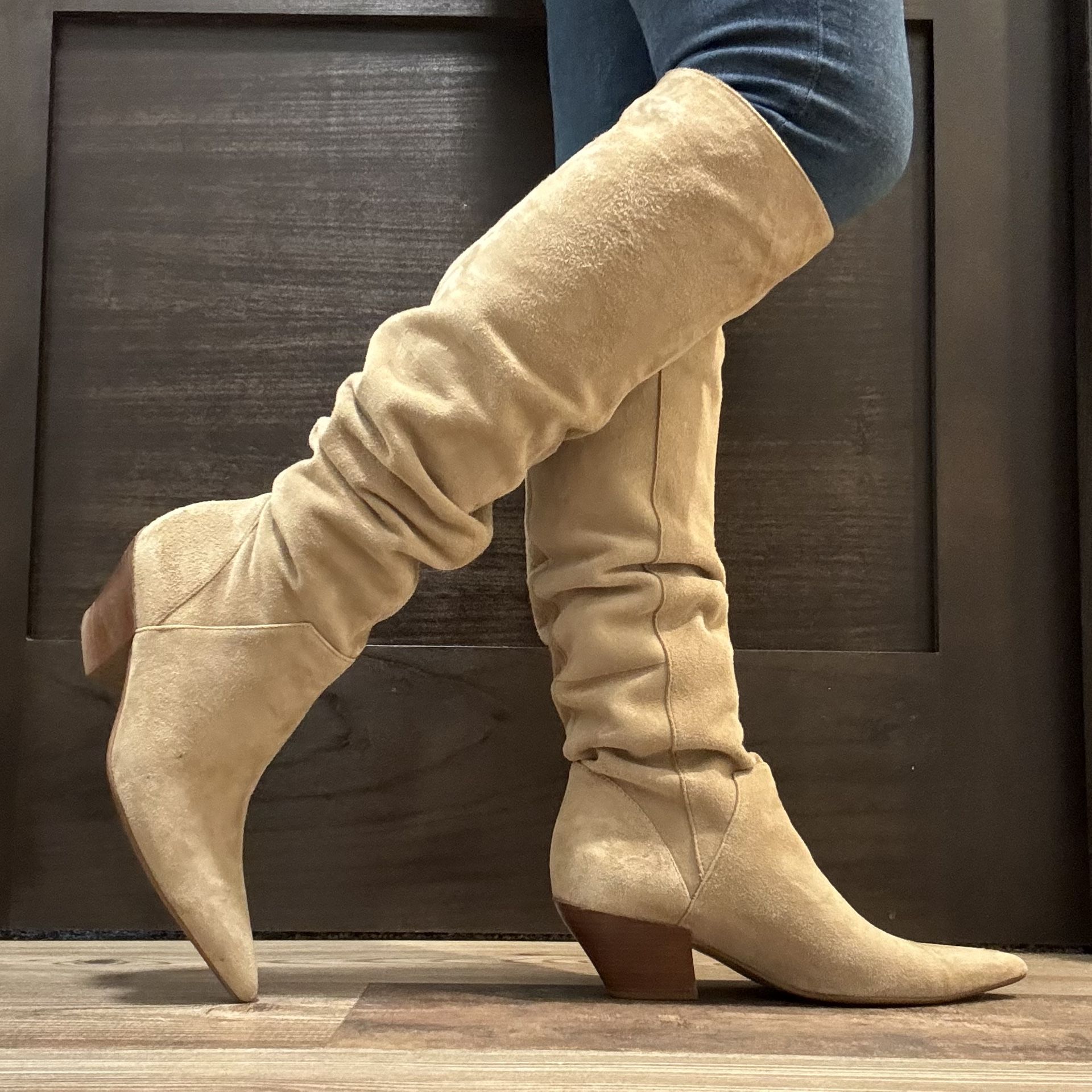 NINE WEST Vintage 90s Tan Beige Suede Leather Over The Knee Pointed Toe Boots