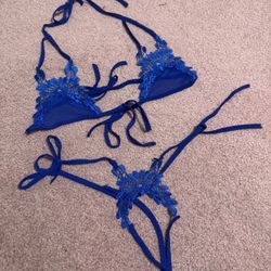 New Small Blue Bra Panty Lingerie Sheer Lace Set 