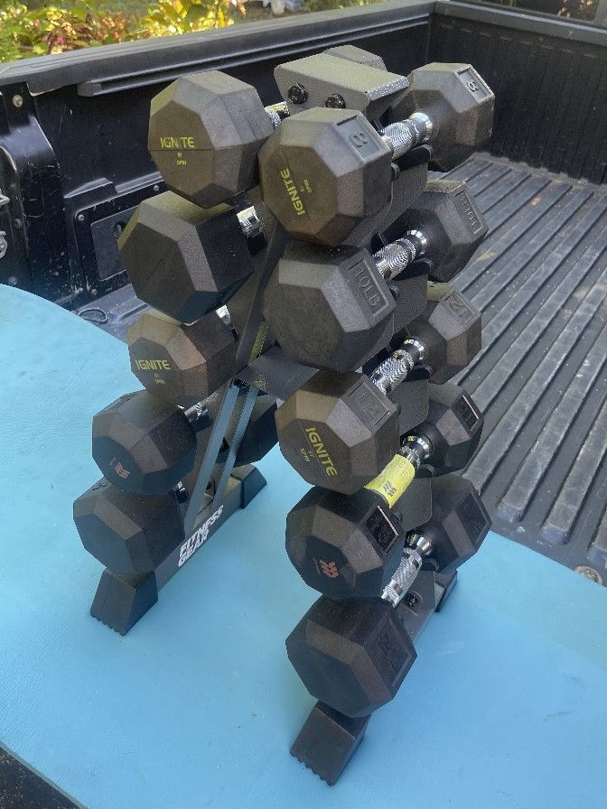 RUBBER SET OF DUMBBELLS (PAIRS OF) : 8s 10s 12s 15s 20s + SPACE SAVING PYRAMID RACK