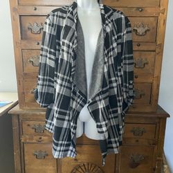 Woman’s Open Front Cardigan Black And Gray Plaid Size 1X