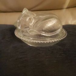 Adorable Sleeping Kitty Cat Glass Candy Dish