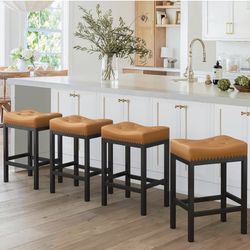 LUE BONA ) four counter height bar stools, 24-inch backless bar stools, For kitchen countertop, leather counter stools Synthetic with black metal legs