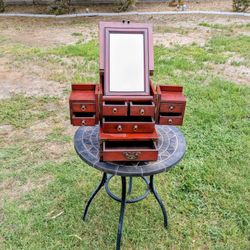 Antique Japanese Asian Vanity Wooden Folding-Style Mirror Stand Vanity Worn Case