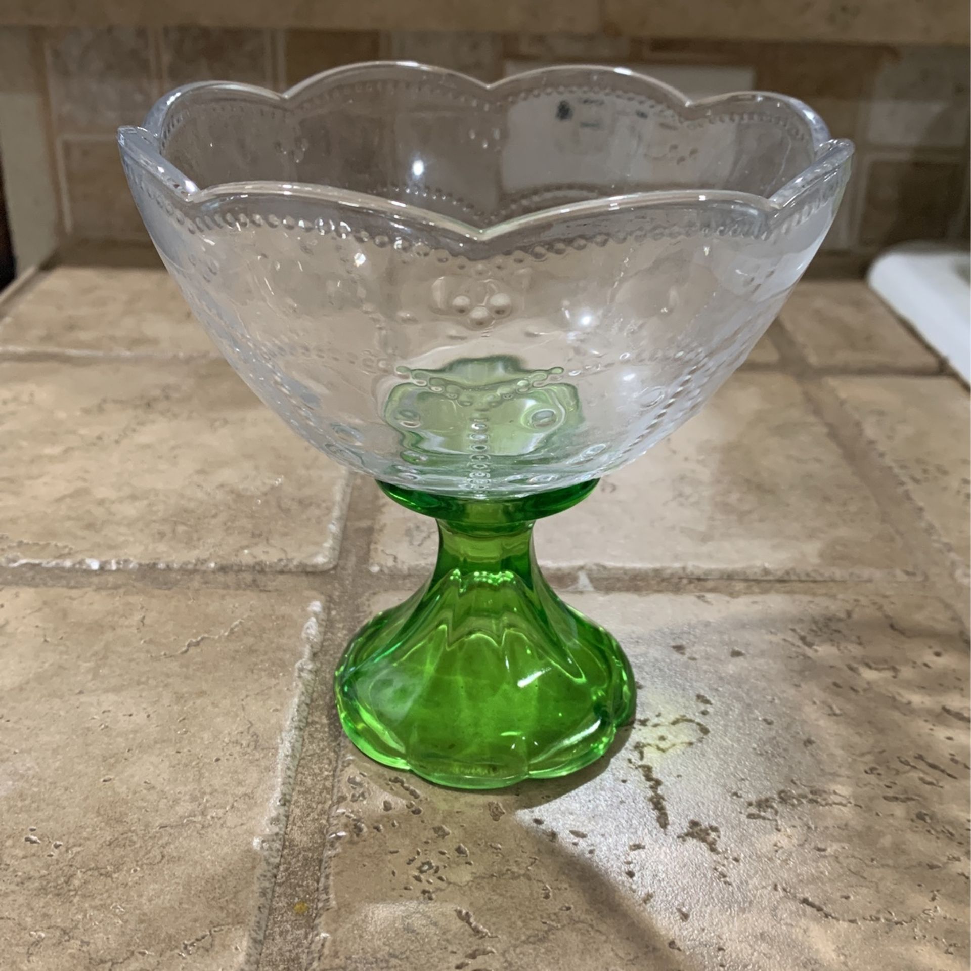 Depression Glass Ice Cream Bowl, Clear Glass on Green Glass Foot, Vintage Pedestal Bowl,