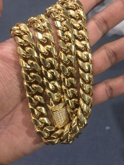 Miami Cuban link chain 14k Gold stainless steel necklace Cz dmnd clasp