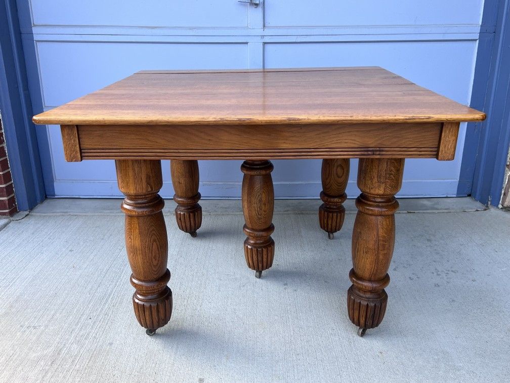 Antique Square Oak 5 Leg Dining / Pub Table with Leaf