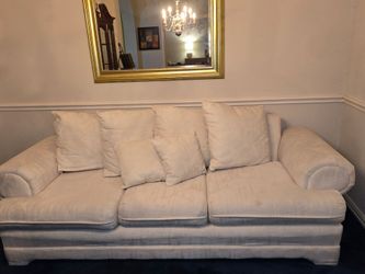 $200 – Large Cream/Ivory Upholstered Sofa w/ Pillows | 89" Wide
