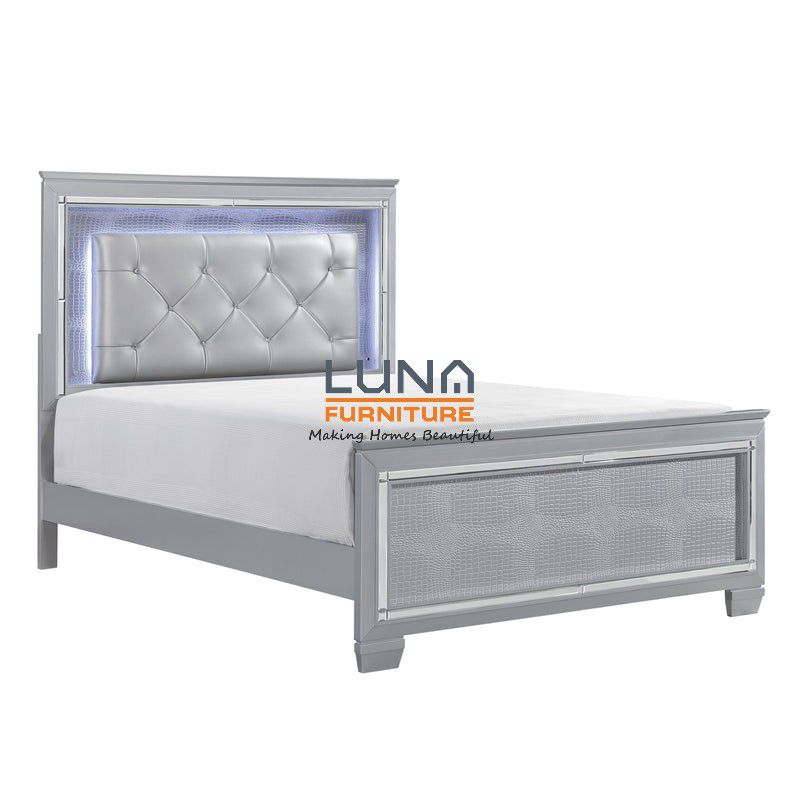 Allura Silver Queen LED Upholstered Panel Bed

