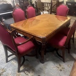 Antique Burl Walnut Beautiful Inlay Extensions Dining Table w/6 Matching Chairs (64"-123")