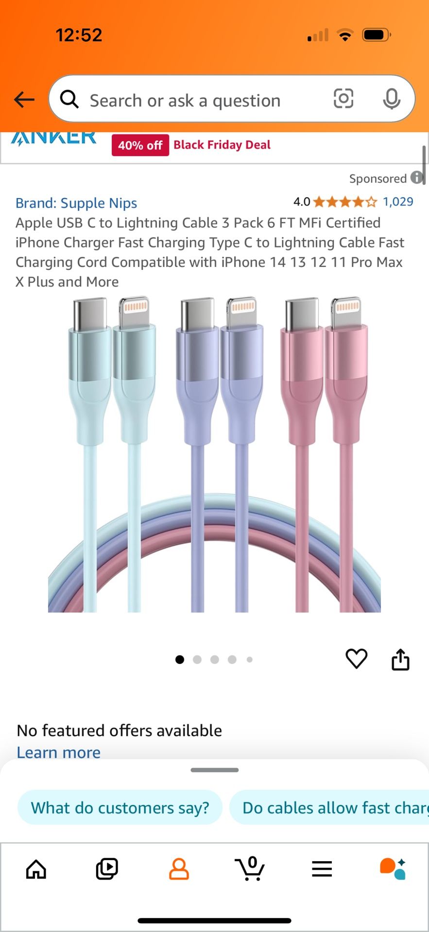 Apple USB C to Lightning Cable 3 Pack 6 FT MFi Certified iPhone Charger Fast Charging Type C to Lightning Cable Fast Charging Cord Compatible with iPh