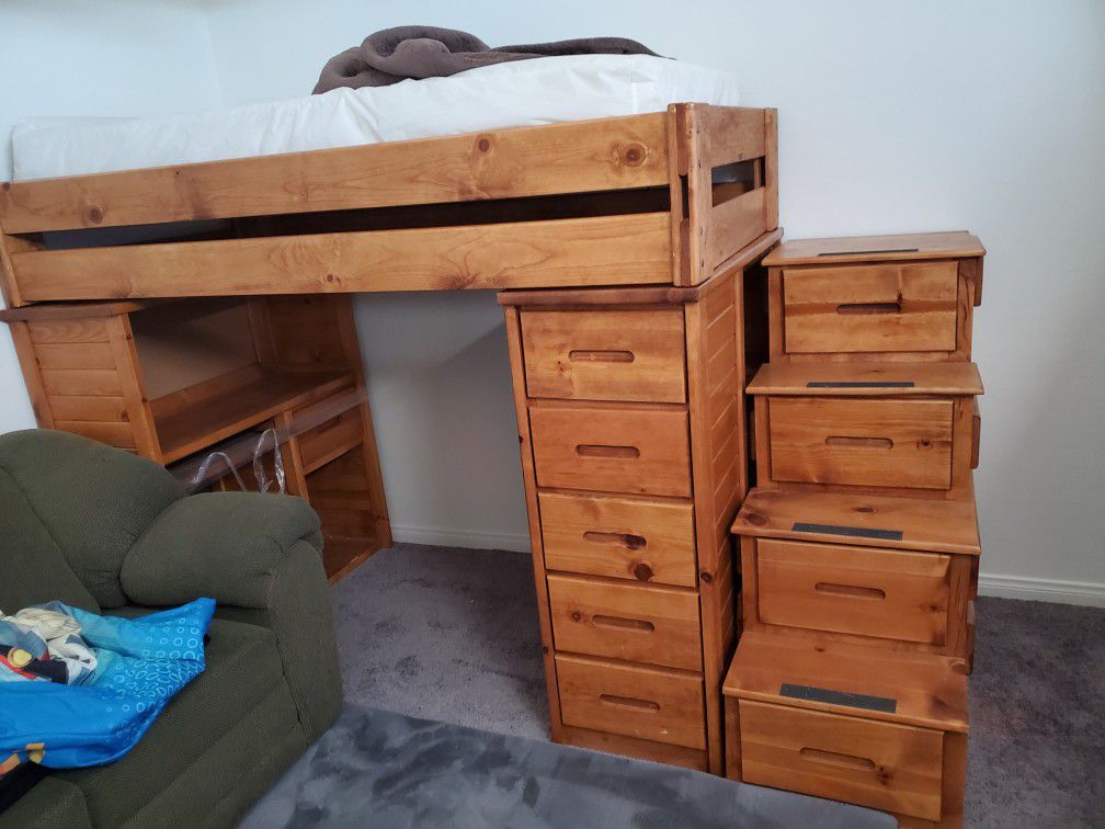 Wood loft bed with desk ladder steps and mattress like new