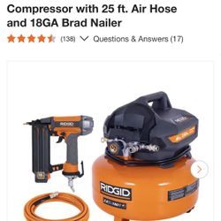 6gallon Rigid Compressor With Hoss And 18 Gauge Nailer