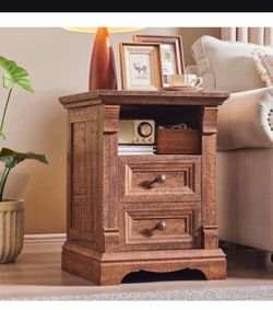 Farmhouse Nightstand with Charging Station, 18" End Table with 2 Drawers Storage and 1 Storage Shelf, Wooden Sofa Table w/Roman Column,, Bedside Cabin