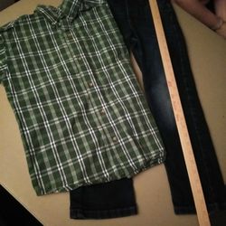 Boys Size 10 R Wrangler Jeans and Arizona Plaid Size 10/ 12 Short Sleeve Shirt $8 For Both .