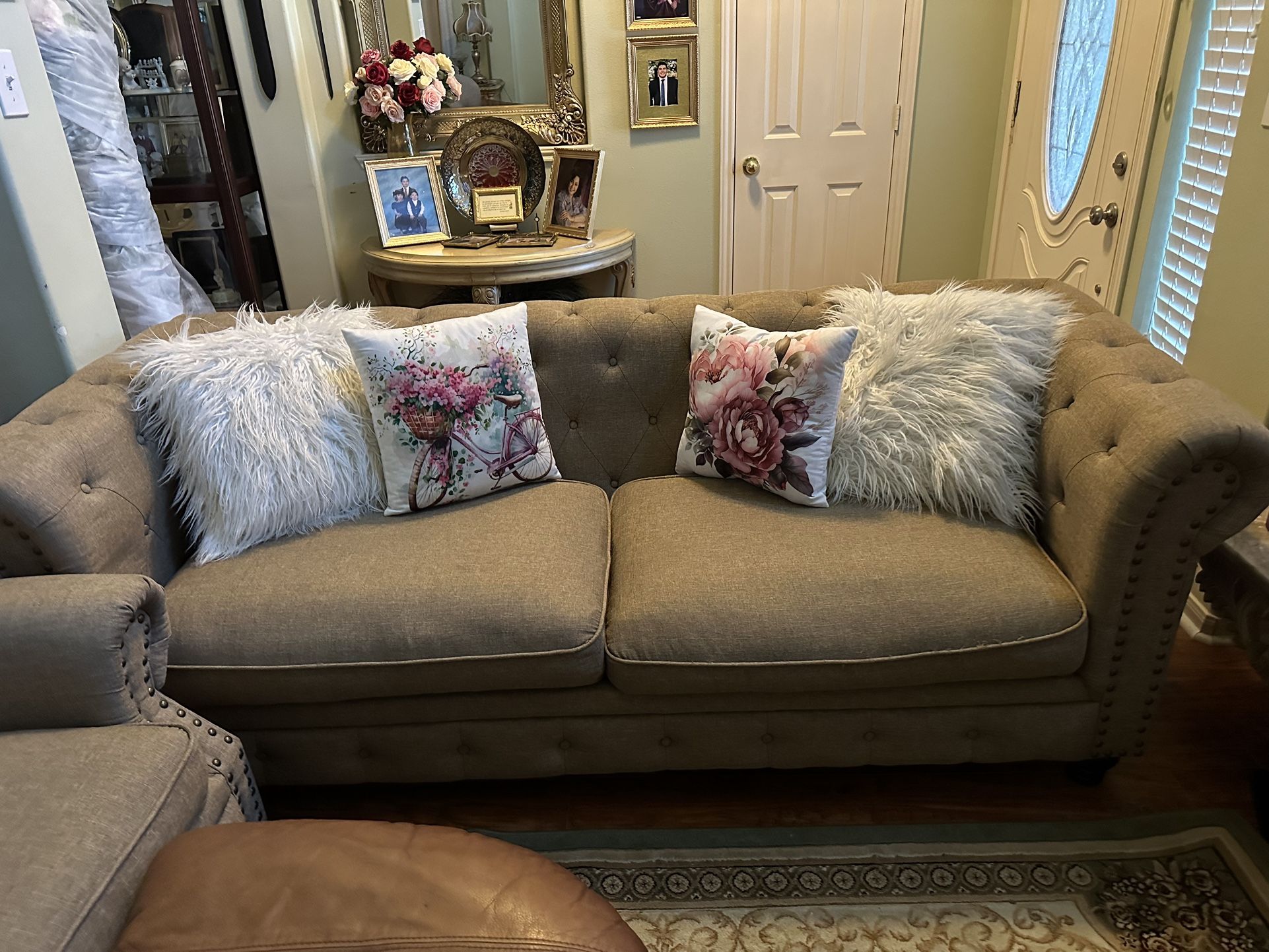 Brown Linen Couch, Loveseat, And Oversized Chair