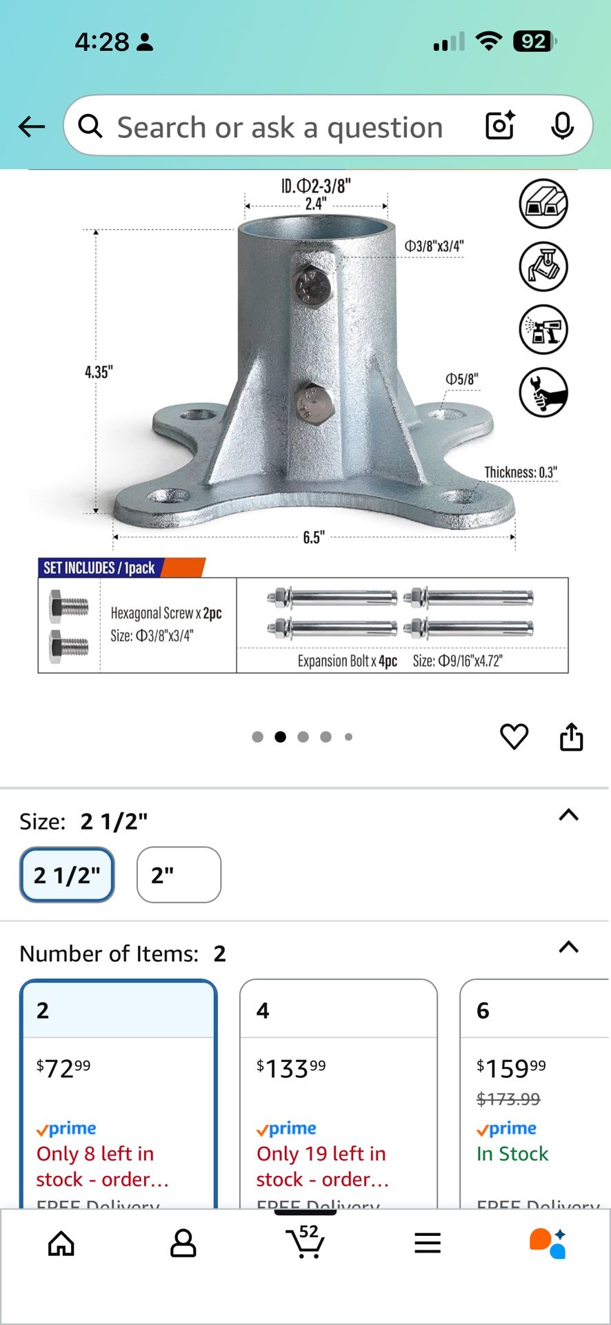 2Pack 2 1/2"(Actual: 3” OD) Chain Link Fence Post Base Flange Bracket Galvanized 2 pieces 3” X 4.35” It brand New (301)1025