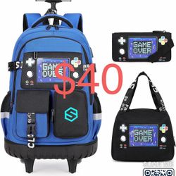 Rolling Backpack for Boys, Cool Luminous Gamer Roller School Backpacks for Boys with Lunch Bag and Pencil Pouch, Kids Backpack Bookbag with Wheels for