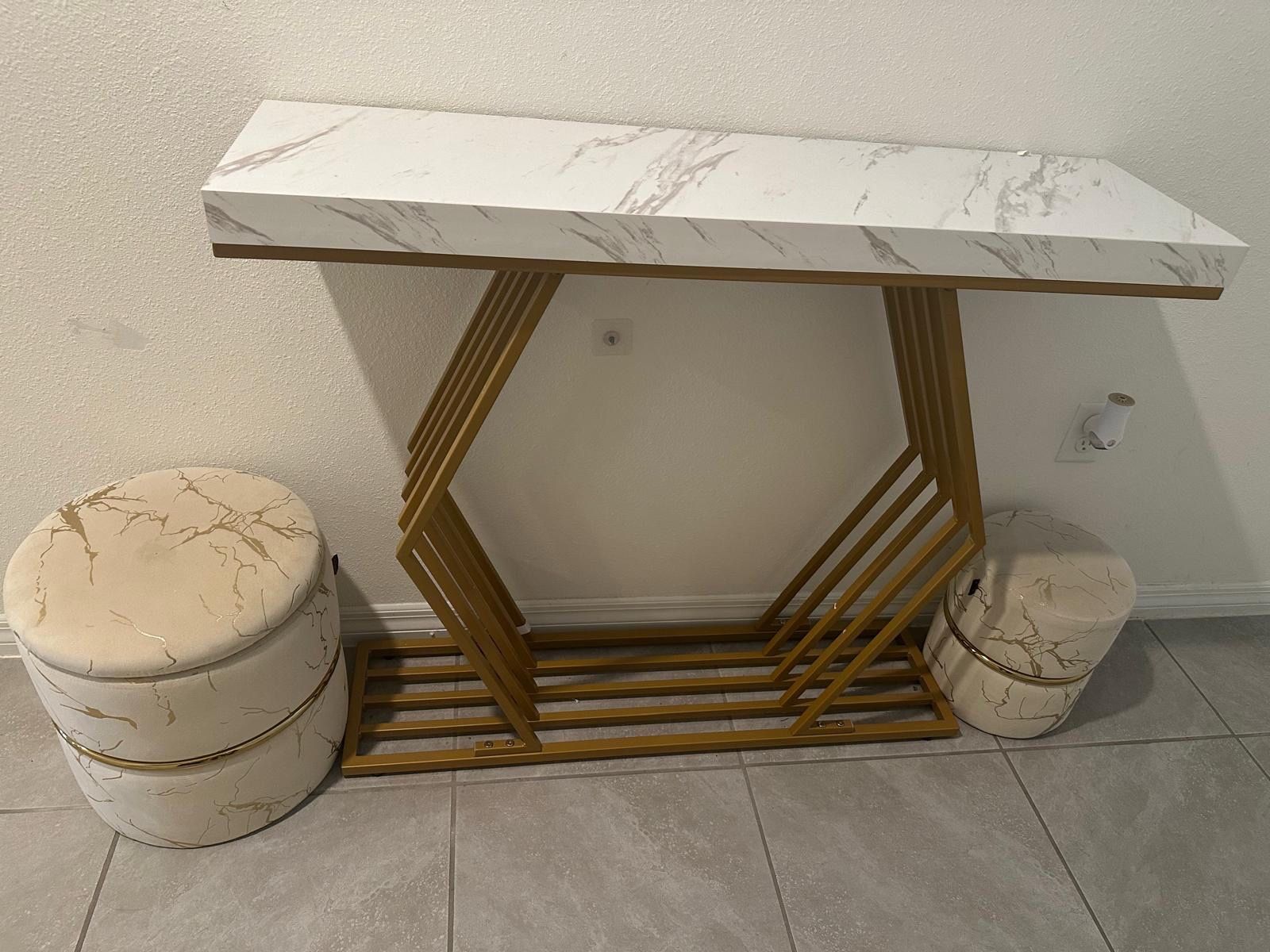 Marble Look Console Table Gold Geometric Base. And the Ottoman